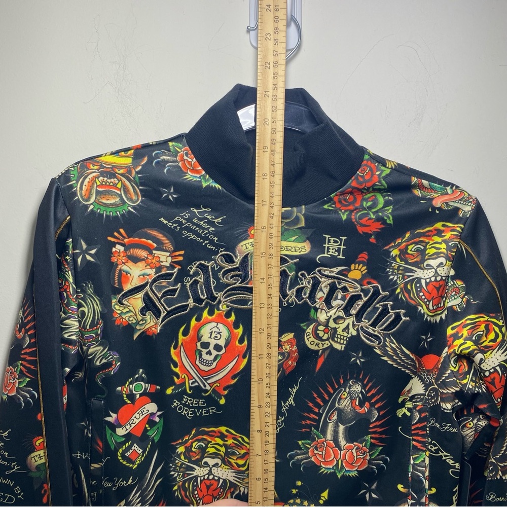 ED HARDY Y2K Shrunken Flashboard Track Jacket‎ M Black  Multi All Over Tattoo - Picture 8 of 11